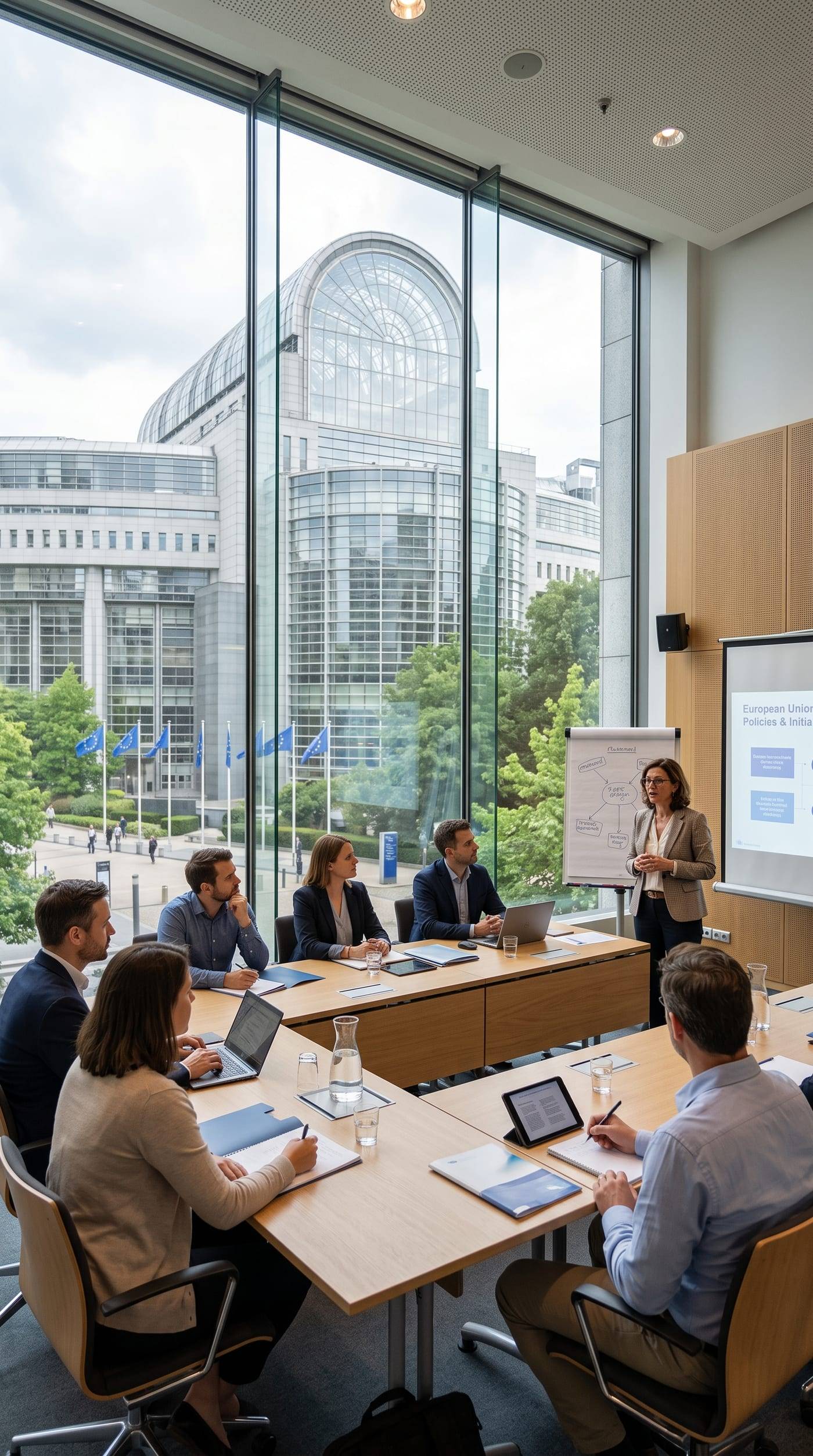 A trainer at a flipchart in front of a window looking onto the European Parliament